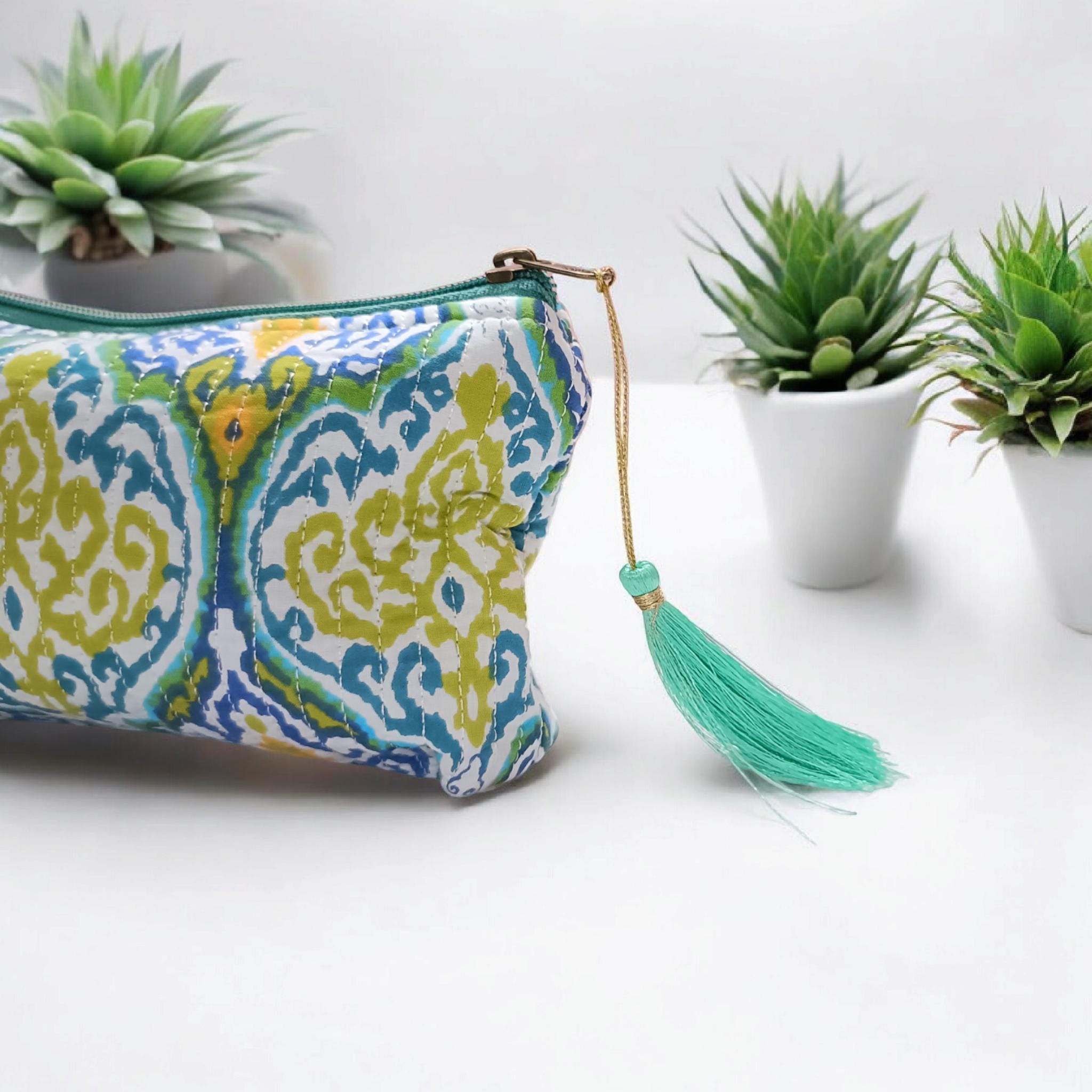 Handmade Floral Cotton Quilted Cosmetic Bag: Block Print Makeup Pouch