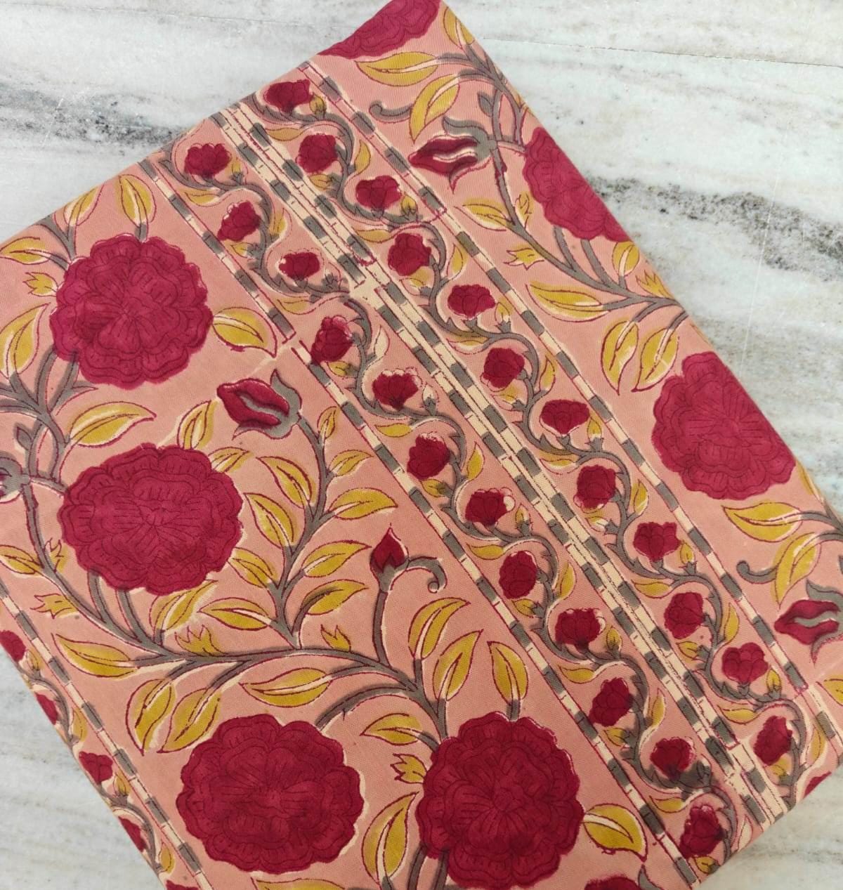 Peach & Red Floral Cotton Fabric by the Yard – Indian Block Print Botanical Stripe – Handmade Craft Textile, Quilting Fabric, Apparel Fabric