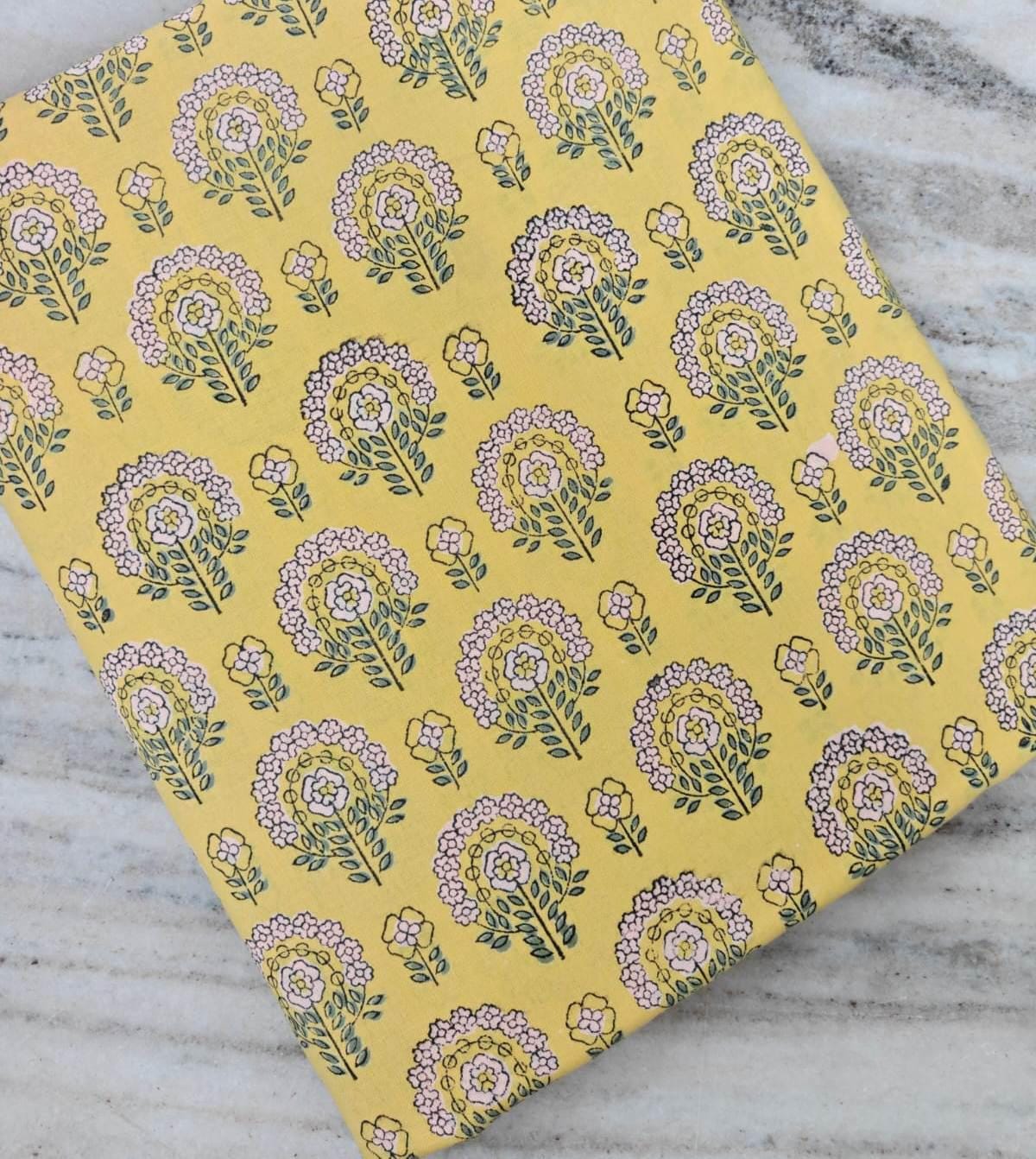 Hand Block Print Cotton Fabric, Yellow Floral Buta Pattern, Soft Lightweight Indian Cotton for Dressmaking, Quilting & Sewing, Napkins