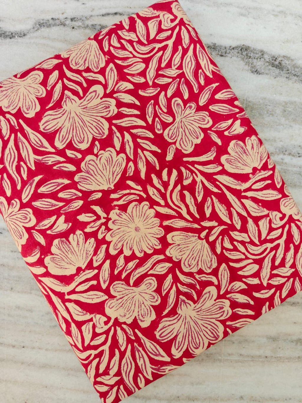 Red Floral Cotton Fabric, Beige Leaf Block Print, Indian Hand Printed Fabric by Yard, Quilting Sewing Dressmaking, Loose Running Fabrics