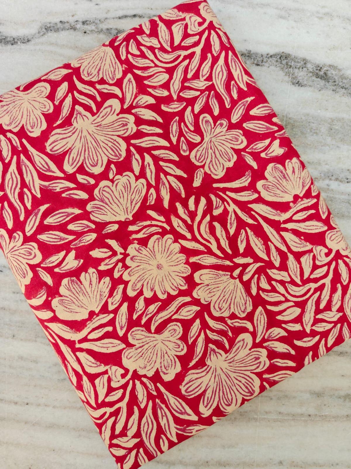 Red Floral Cotton Fabric, Beige Leaf Block Print, Indian Hand Printed Fabric by Yard, Quilting Sewing Dressmaking, Loose Running Fabrics