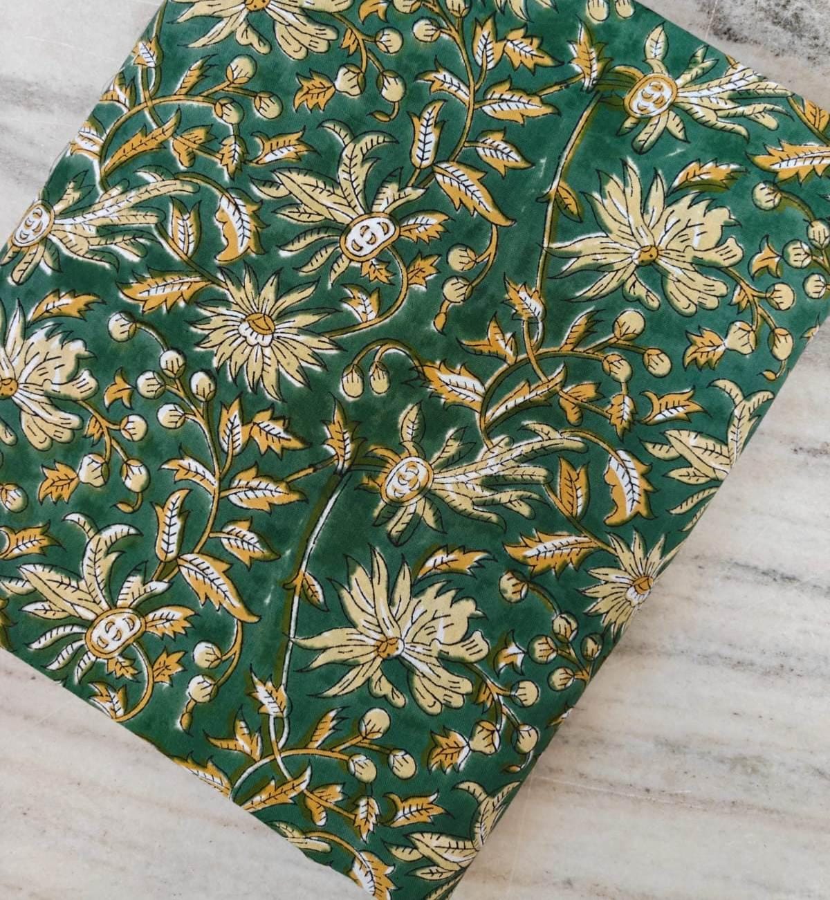 Green & Mustard Cotton Fabric, Indian Hand Block Print Fabric by the Yard, Soft Cotton for Quilting, Fabric For Dress Making, Napkins