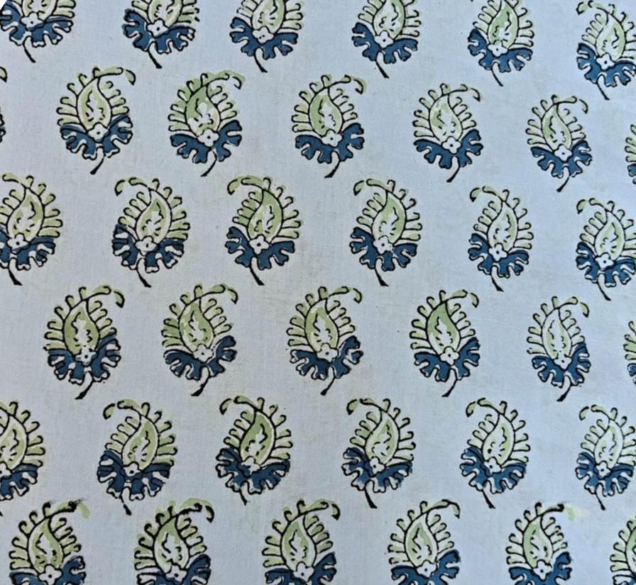 Light Blue Paisley Block Print Cotton Fabric by the Yard, Indian Hand Printed Floral Cotton, Soft Boho Sewing Quilting Cotton Textile Fabric
