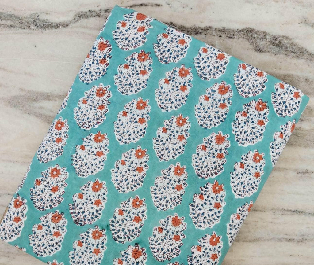 Hand Block Print Cotton Fabric, Turquoise Floral Indian Fabric, Boho Craft Textile, Soft Lightweight Cotton Yardage for Sewing, Quilting