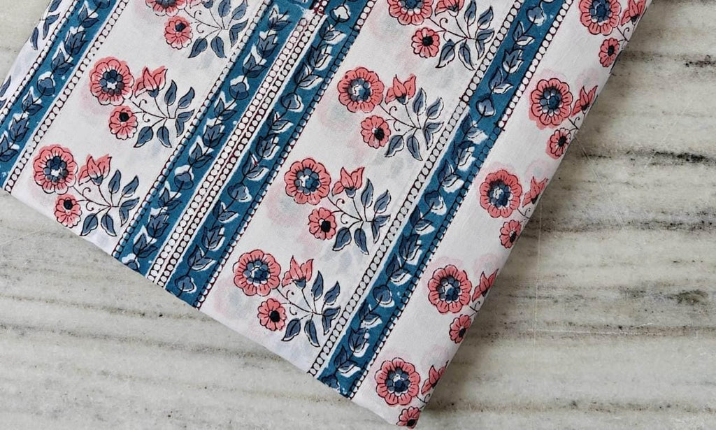 White Cotton Fabric with Blue Stripes & Pink Floral Print, Hand Block Print Cotton by the Yard, Indian Sewing Quilting Fabric Textile Fabric