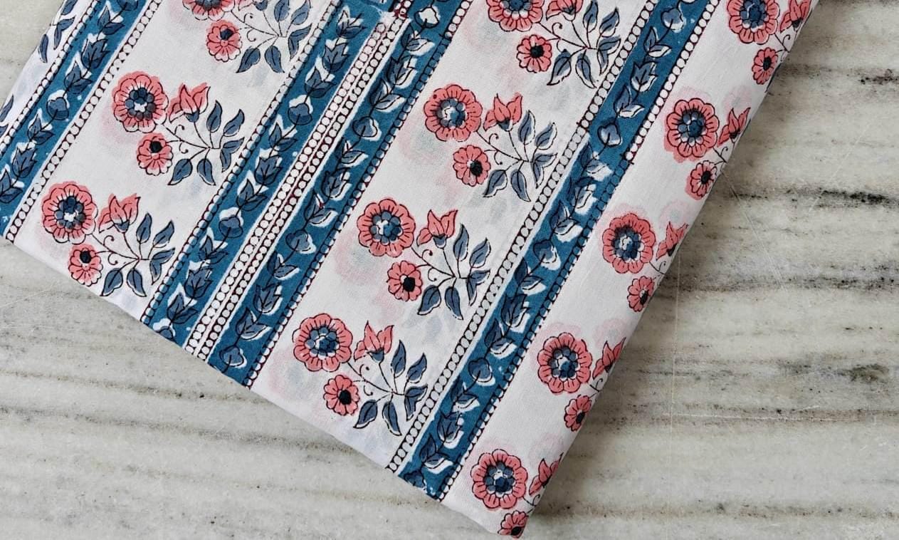 White Cotton Fabric with Blue Stripes & Pink Floral Print, Hand Block Print Cotton by the Yard, Indian Sewing Quilting Fabric Textile Fabric