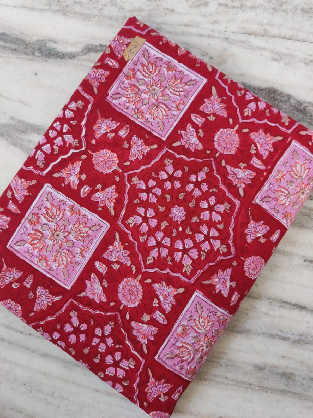 Red Designer Hand Block Print Fabric, Floral Cotton Quilting Fabric By The Yard, Dressmaking Fabric, Loose Running Fabric, Textile Fabric
