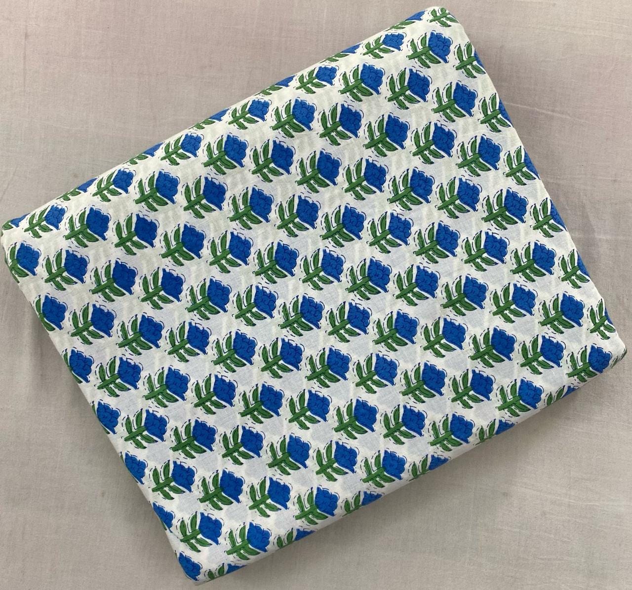 Blue Floral Cotton Fabric, Hand Block Print Style, Small Repeat Flower Fabric, Indian Cotton Fabric, Soft Craft & Quilting Fabric by Yard