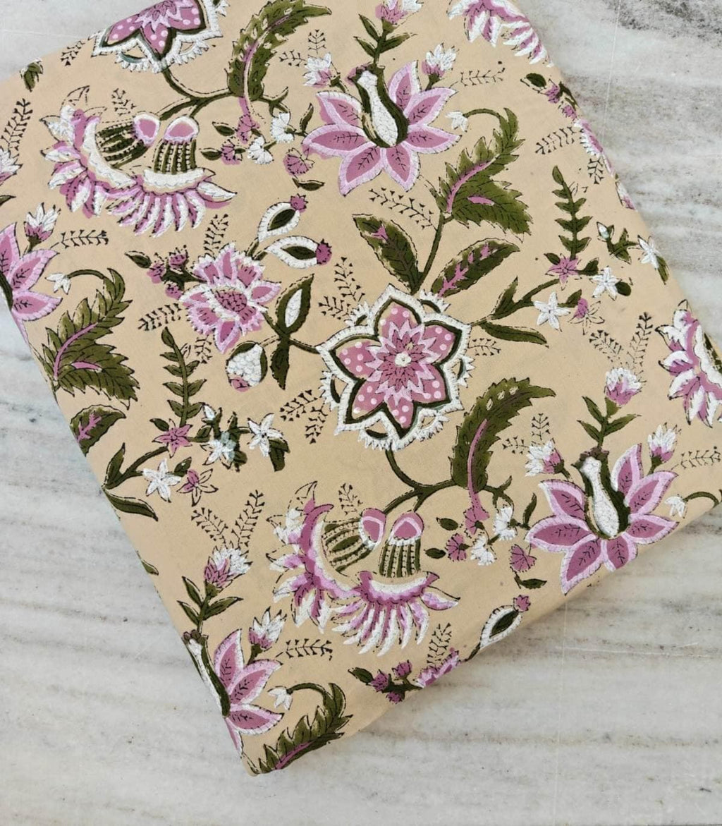 Floral Cotton Fabric, Beige Pink Botanical Print, Vintage Style Fabric, Block Print Inspired Fabric, Quilting Fabric Dressmaking by the Yard
