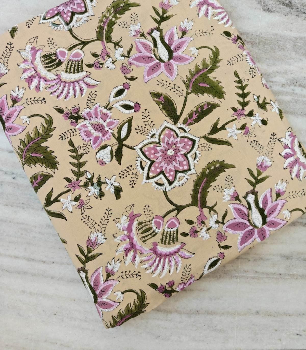 Floral Cotton Fabric, Beige Pink Botanical Print, Vintage Style Fabric, Block Print Inspired Fabric, Quilting Fabric Dressmaking by the Yard