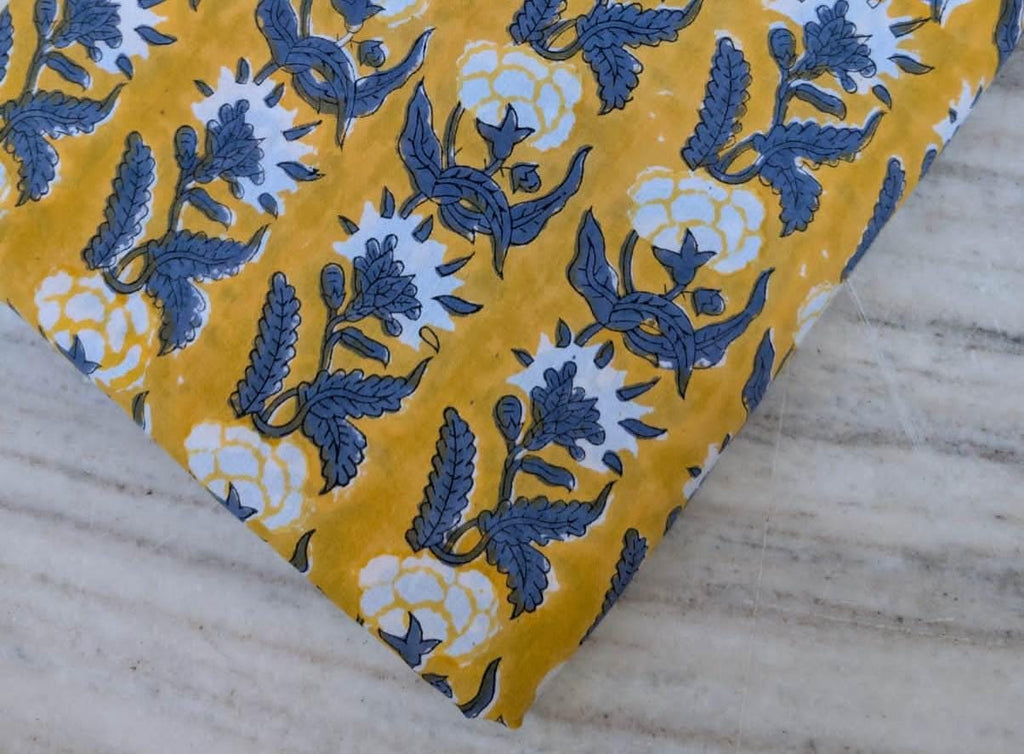 Yellow Floral Block Print Cotton Fabric | Blue & White Hand Block Print Material | Sewing, Quilting, Dressmaking Fabric by the Yard