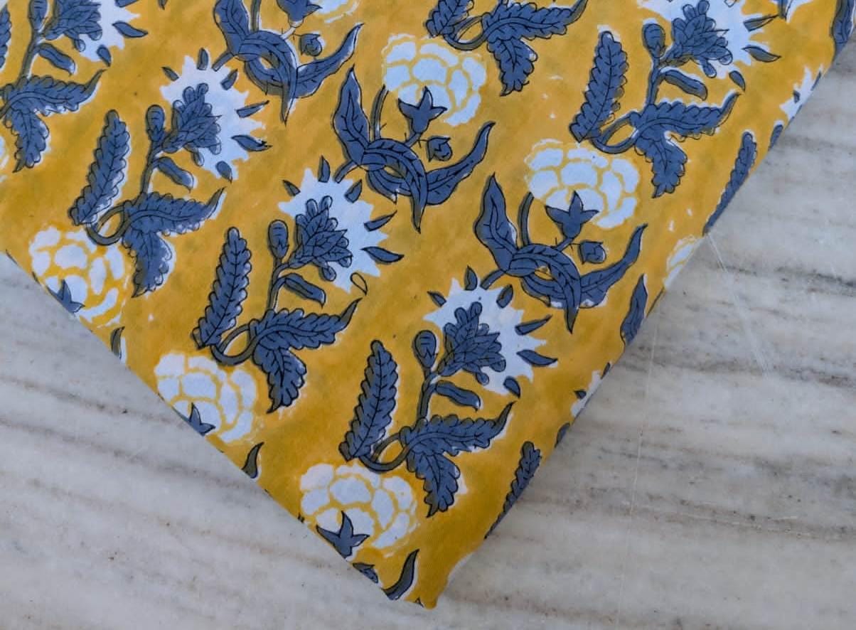 Yellow Floral Block Print Cotton Fabric | Blue & White Hand Block Print Material | Sewing, Quilting, Dressmaking Fabric by the Yard