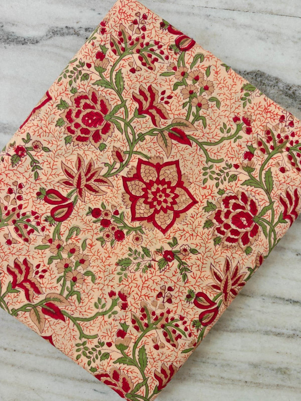 Hand Block Print Cotton Fabric, Red & Green Floral Vine on Beige, Indian Cotton Fabric by the Yard, Soft Lightweight Fabric for Dressmaking