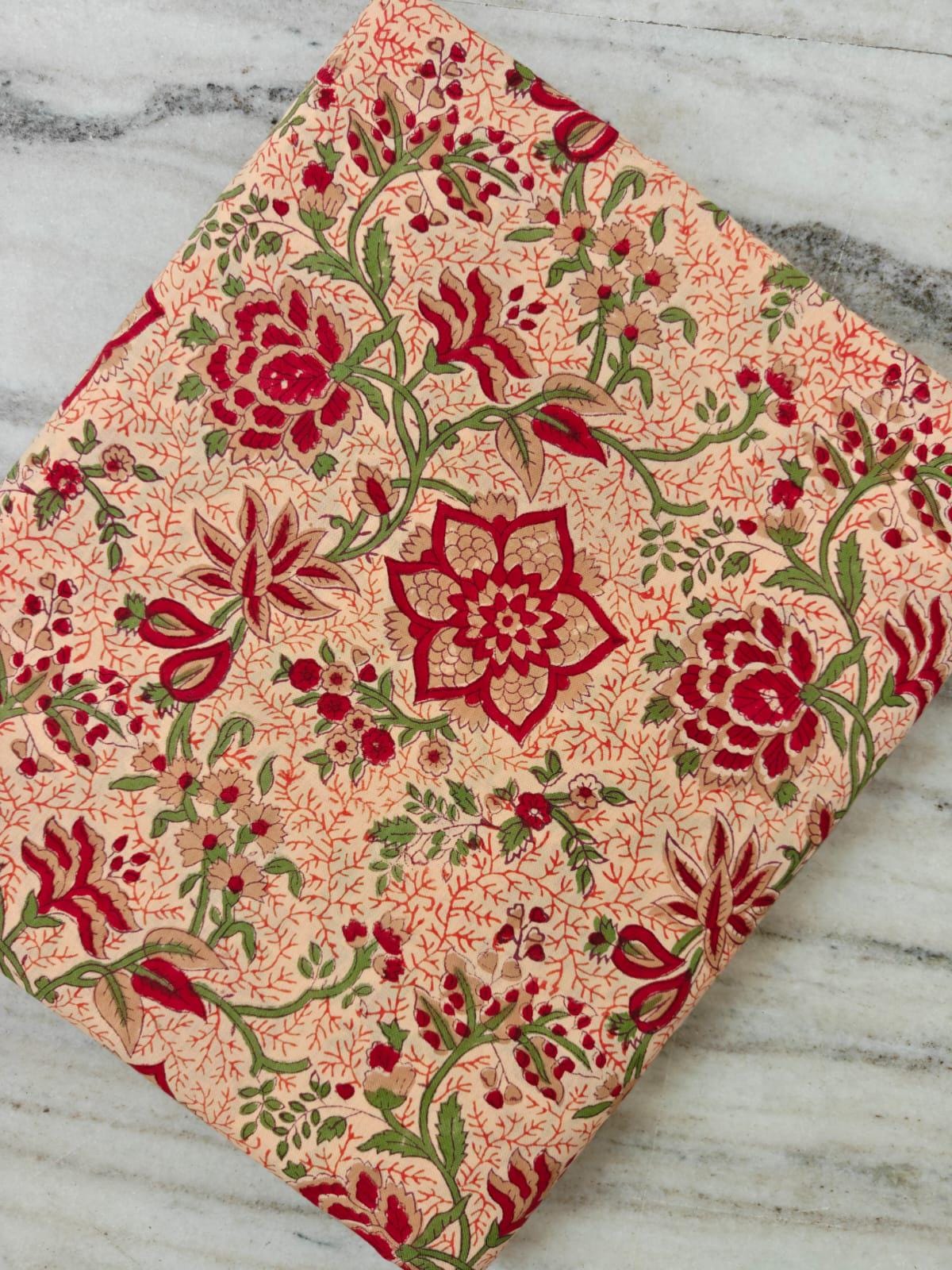 Hand Block Print Cotton Fabric, Red & Green Floral Vine on Beige, Indian Cotton Fabric by the Yard, Soft Lightweight Fabric for Dressmaking