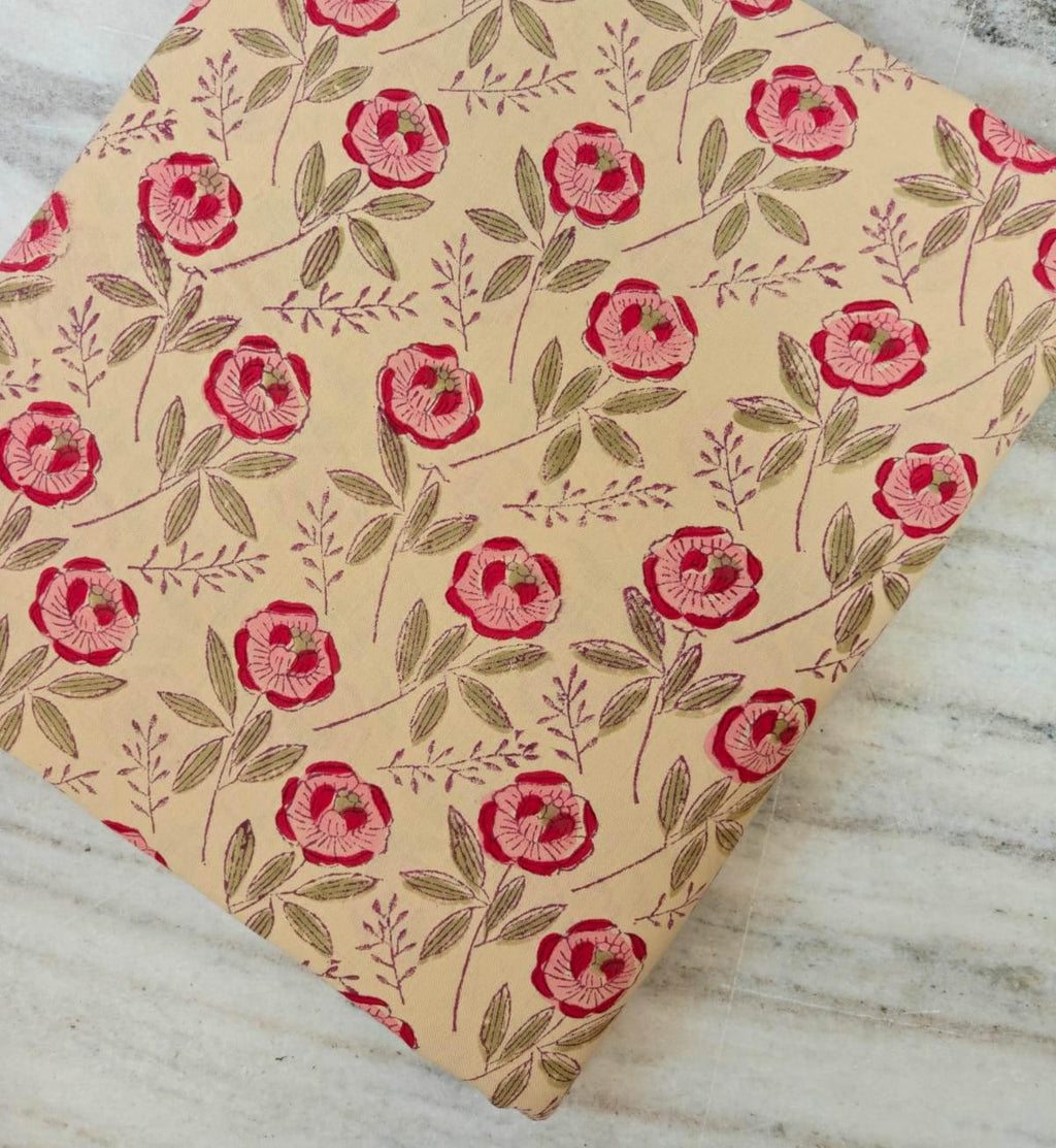 Floral Cotton Fabric by the Yard, Red & Pink Flower Print on Cream, Vintage Inspired Botanical Quilting Fabric, Soft Craft and  Dressmaking