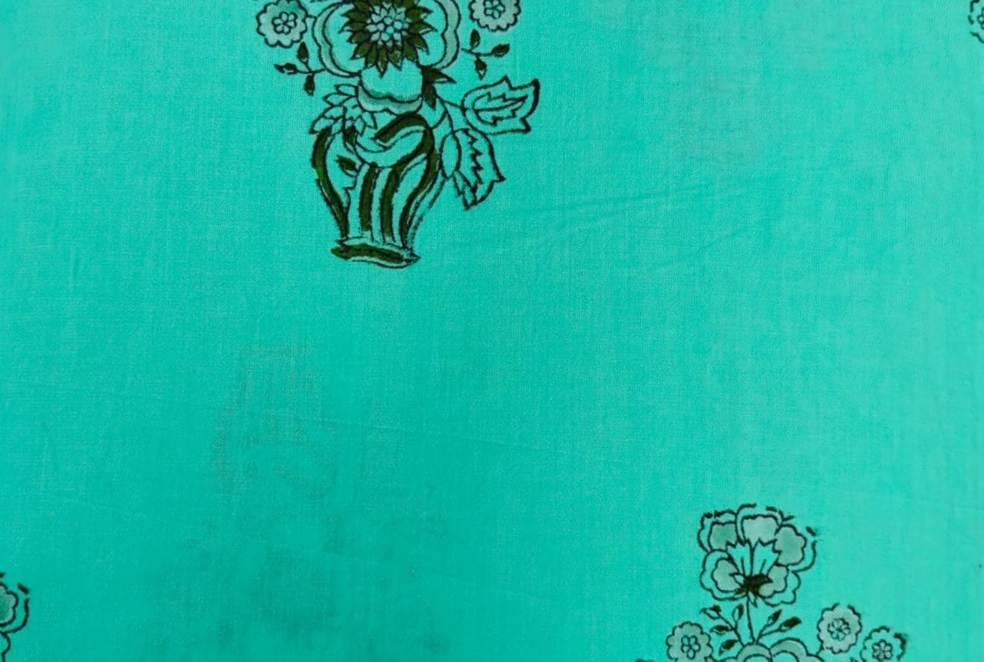Hand Block Printed Cotton Fabric, Turquoise Floral Bouquet Print, Indian Cotton Fabric, Soft Lightweight Fabric for Dressmaking Quilting