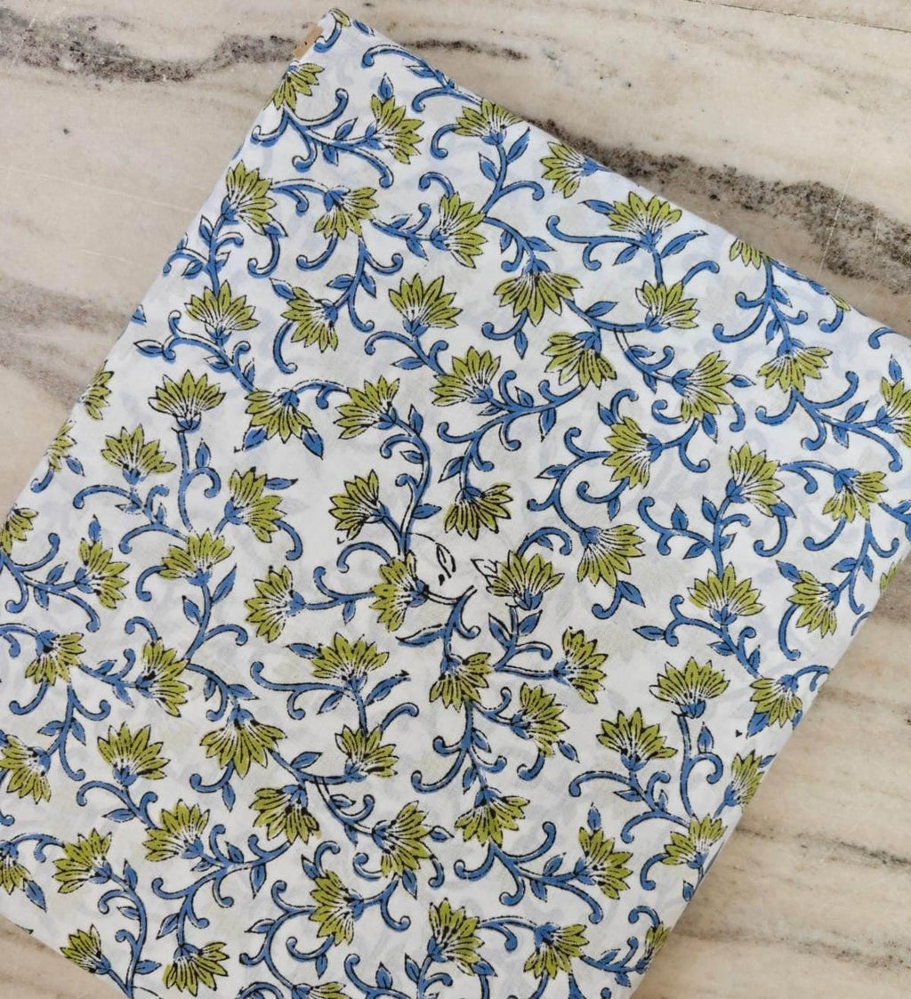 White Floral Vine Block Print Cotton Fabric by the Yard, Blue Green Indian Hand Printed Cotton, Soft Boho Sewing Quilting Fabric, Napkins