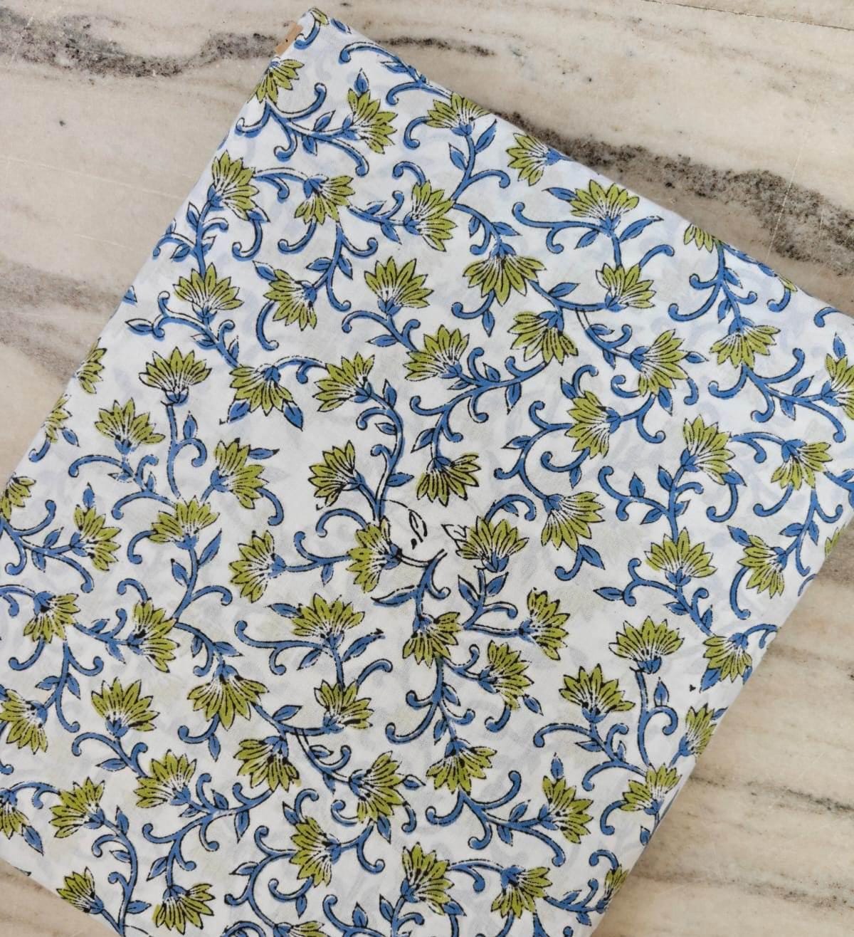 White Floral Vine Block Print Cotton Fabric by the Yard, Blue Green Indian Hand Printed Cotton, Soft Boho Sewing Quilting Fabric, Napkins