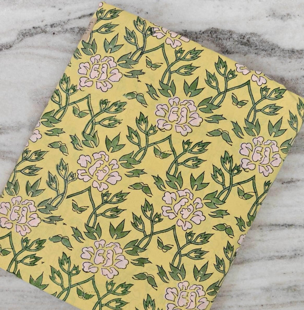 Yellow Floral Cotton Fabric, Hand Block Print Fabric, Indian Cotton Textile, Soft Dressmaking Fabric, Vintage Flower Print Craft Fabric Yard