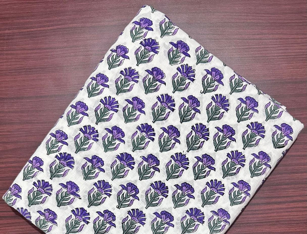Purple Floral Hand Block Print Cotton Fabric, Indian Cotton Fabric by Yard, Boho Flower Print for Dress Making Fabric, Quilting & Home Decor