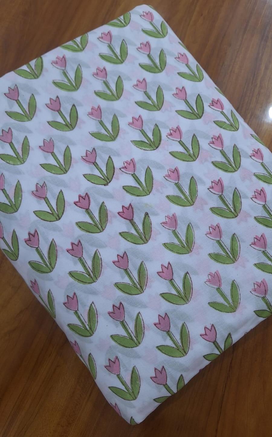 Pink Tulip Cotton Fabric, Floral Block Print Fabric, Indian Hand Block Print Cotton by Yard, Spring Flower Fabric, Dressmaking, Craft Fabric