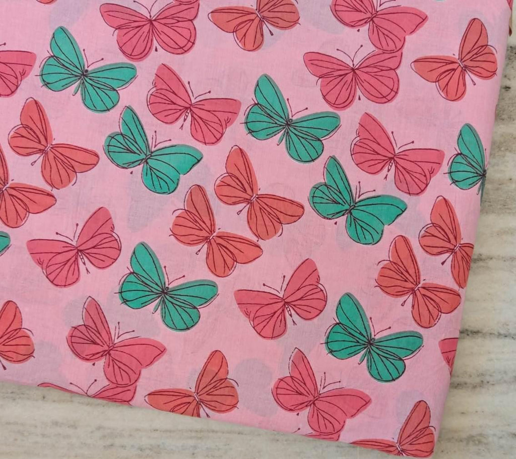 Pink Butterfly Cotton Fabric, Teal & Coral Butterflies Print, Quilting Fabric, Dressmaking Fabric, Craft Fabric by the Yard Dressmaking