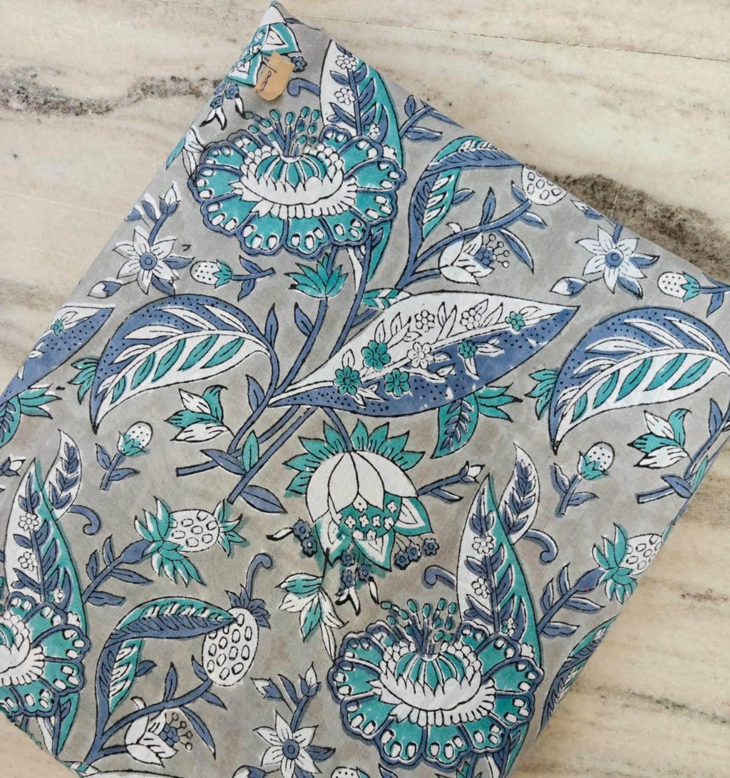Blue Teal Floral Cotton Fabric by Yard, Grey Background Botanical Print, Indian Block Print Fabric, Upholstery Sewing Fabric, Napkins Fabric