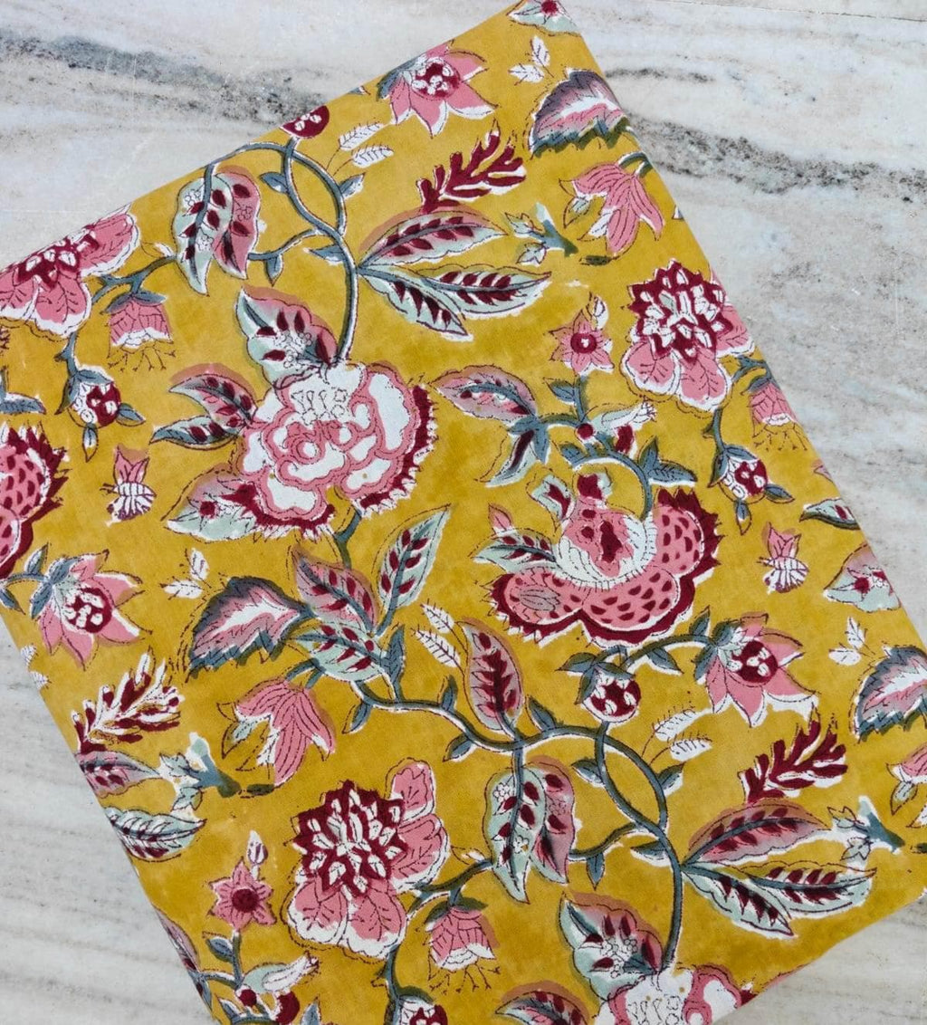 Vintage Mustard Yellow Floral Cotton Fabric by the Yard, Hand Block Print Fabric, Flower Cotton Fabric, Craft Fabric, Indian Cotton Textile