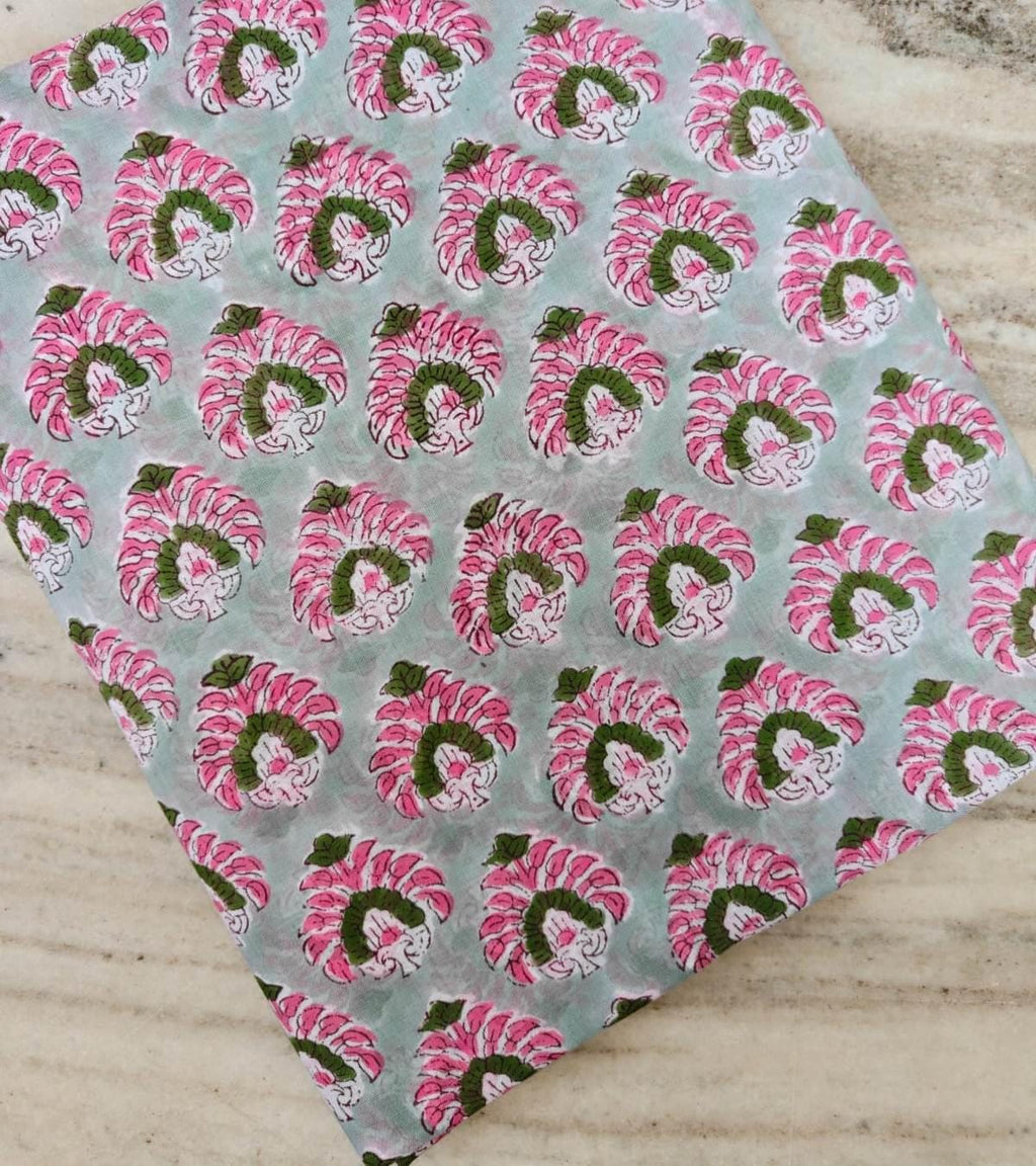 Hand Block Print Cotton Fabric, Pink Floral on Mint Green, Indian Cotton Textile, Soft Lightweight Fabric for Dressmaking, Quilting & Crafts