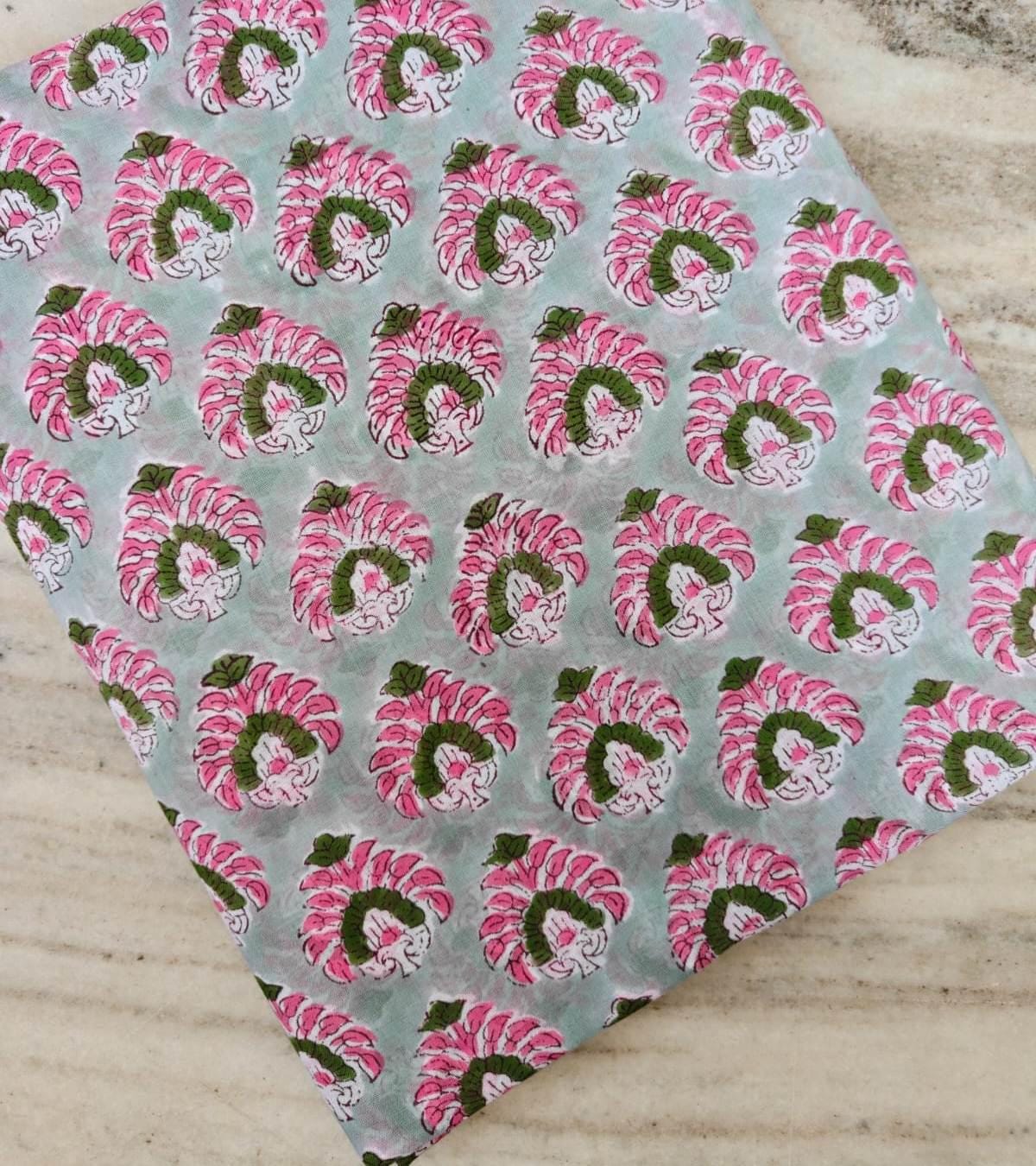 Hand Block Print Cotton Fabric, Pink Floral on Mint Green, Indian Cotton Textile, Soft Lightweight Fabric for Dressmaking, Quilting & Crafts