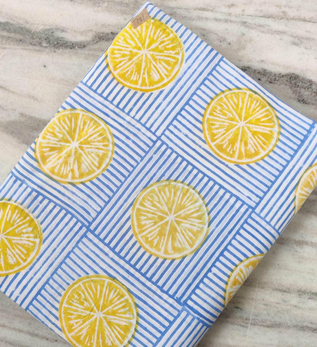 Blue Floral Cotton Fabric, Lemon Slice Hand Block Fabric Print by the Yard, Yellow Citrus Print on Striped Background, Indian Soft Cotton