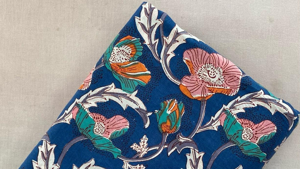 Navy Blue Floral Cotton Fabric, Bold Botanical Print, Pink Orange Flowers, Quilting Cotton, Dressmaking Fabric, Craft Fabric by the Yard