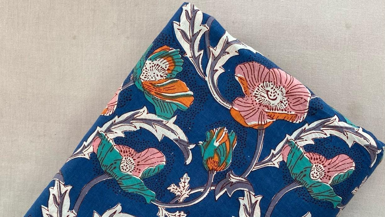 Navy Blue Floral Cotton Fabric, Bold Botanical Print, Pink Orange Flowers, Quilting Cotton, Dressmaking Fabric, Craft Fabric by the Yard