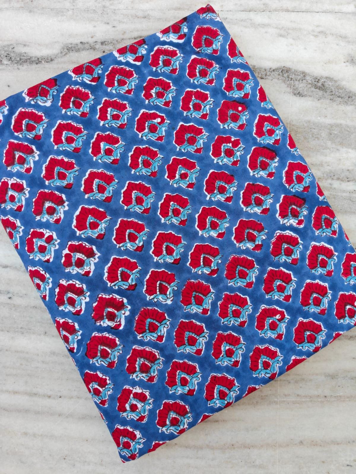 Blue Red Floral Cotton Fabric by Yard, Indian Block Print Cotton Fabric, Boho Floral Fabric, Quilting Sewing Fabric Dressmaking Craft Cotton