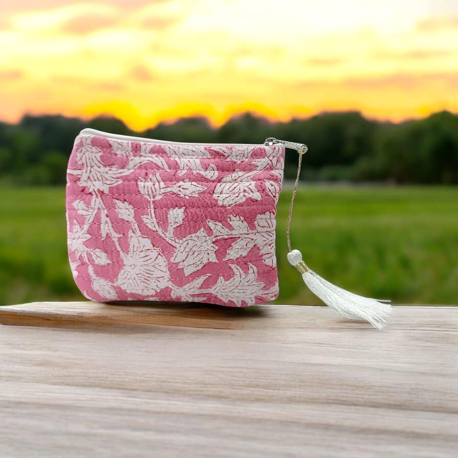 Personalized Mini Quilted Pouch | Pink Floral Block Print | Small Zipper Bag with Tassel | Fabric Pouch | Block Print Accessory Bag