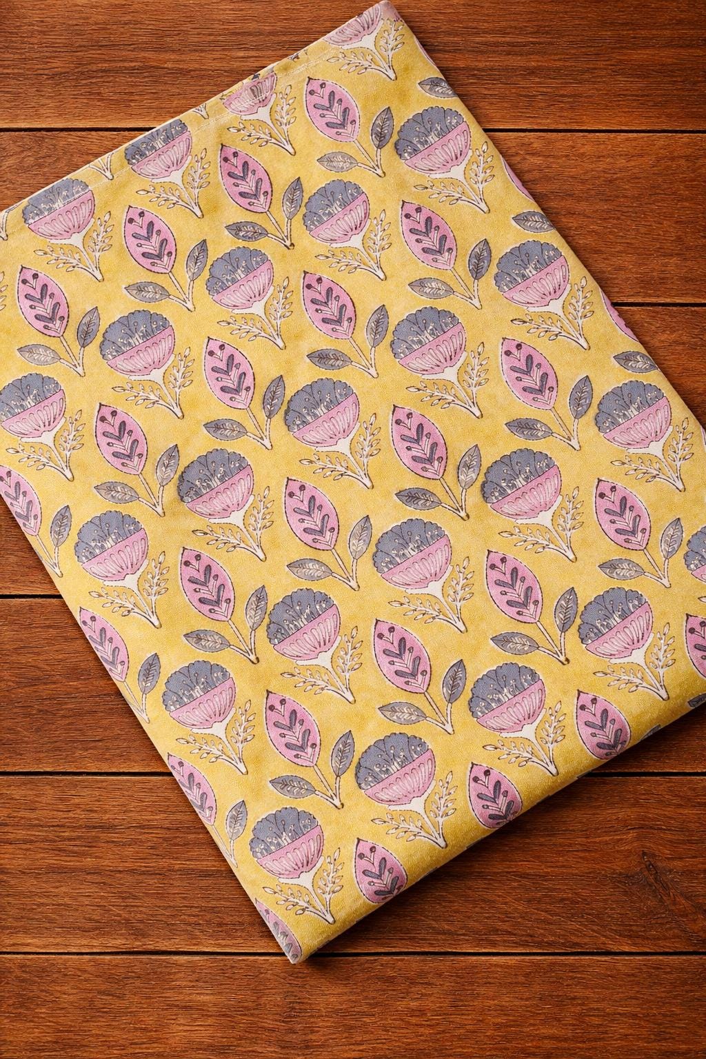 Yellow Floral Block Print Cotton Fabric, Hand Printed Indian Cotton Fabric, Soft Cotton Textile, Sewing Quilting For Dress Making Fabric