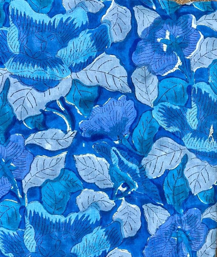 Blue Floral Cotton Fabric by the Yard, Hand Block Print Indian Cotton, Quilting Fabric, Boho Home Decor & Dressmaking Fabric, Running Fabric