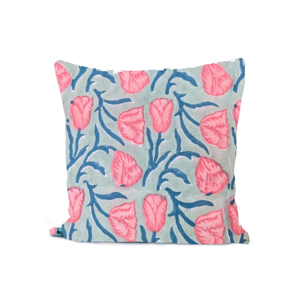 Hand Block Printed Cotton Cushion Cove, Pink Floral Pillow Cover, Decorative Throw Pillow, 16x16 Cushion Cover, Square Cushion Cover