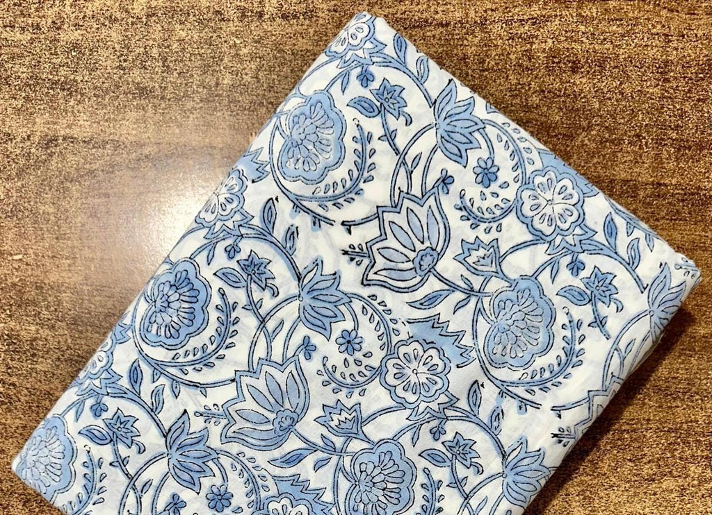 Blue Floral Hand Block Print Cotton Fabric, Indian Cotton Fabric, Floral Printed Cotton Cloth for Sewing, Quilting, Fabri For Dress Making