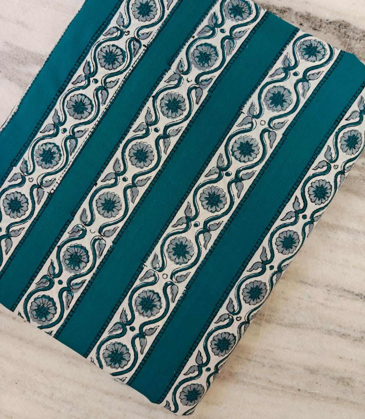 Teal Floral Stripe Cotton Fabric, Block Print Style Fabric, Indian Floral Fabric by the Yard, Quilting Craft Fabric, Boho Home Decor Textile