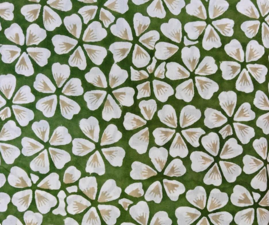 Green Floral Cotton Fabric, White Flower Print Fabric, Botanical Cotton Fabric by the Yard, Block Print Style Fabric, Quilting Sewing Fabric