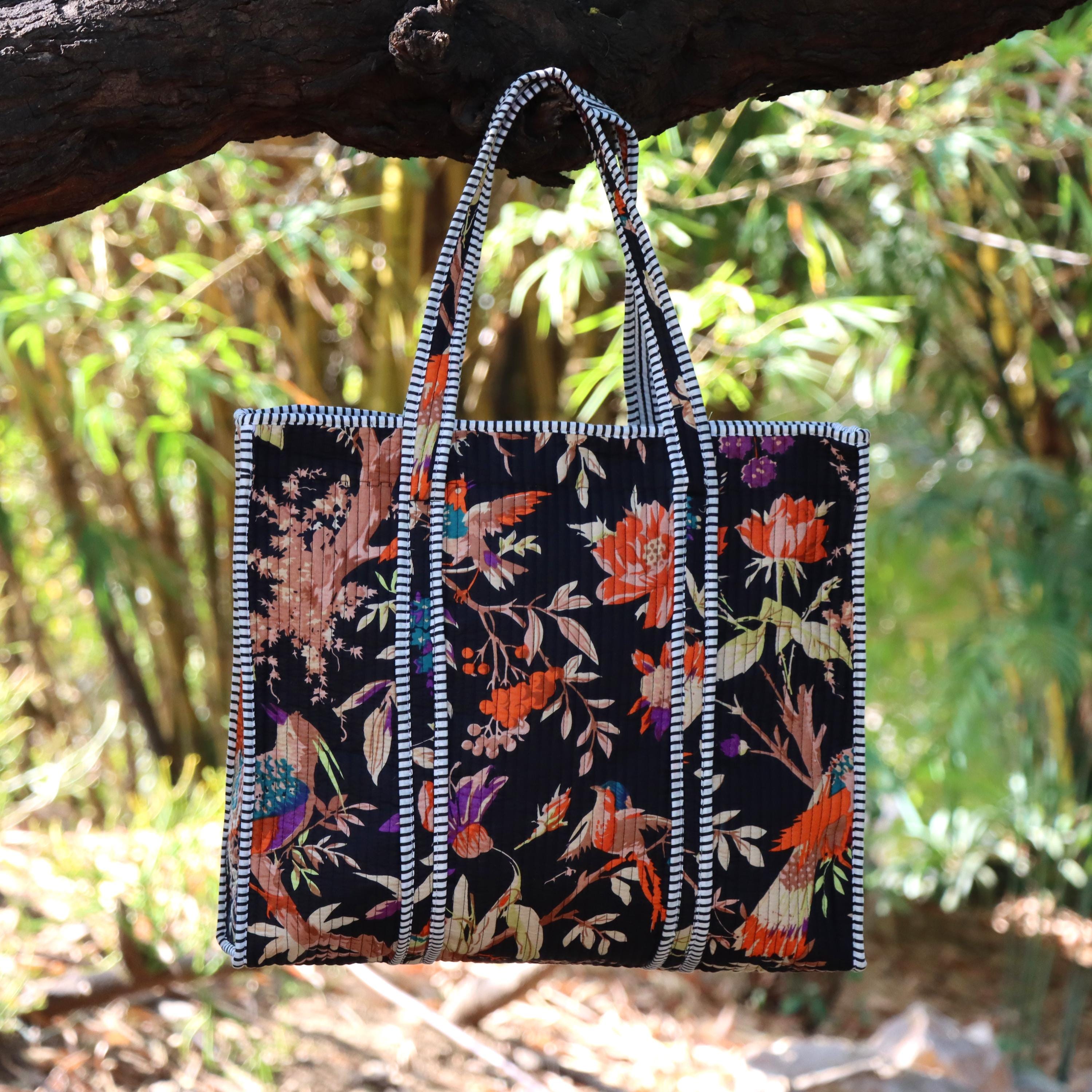 Quilted Cotton Tote Bag, Black Floral Boho Shoulder, Handmade Carryall, Reusable Shopping Bag