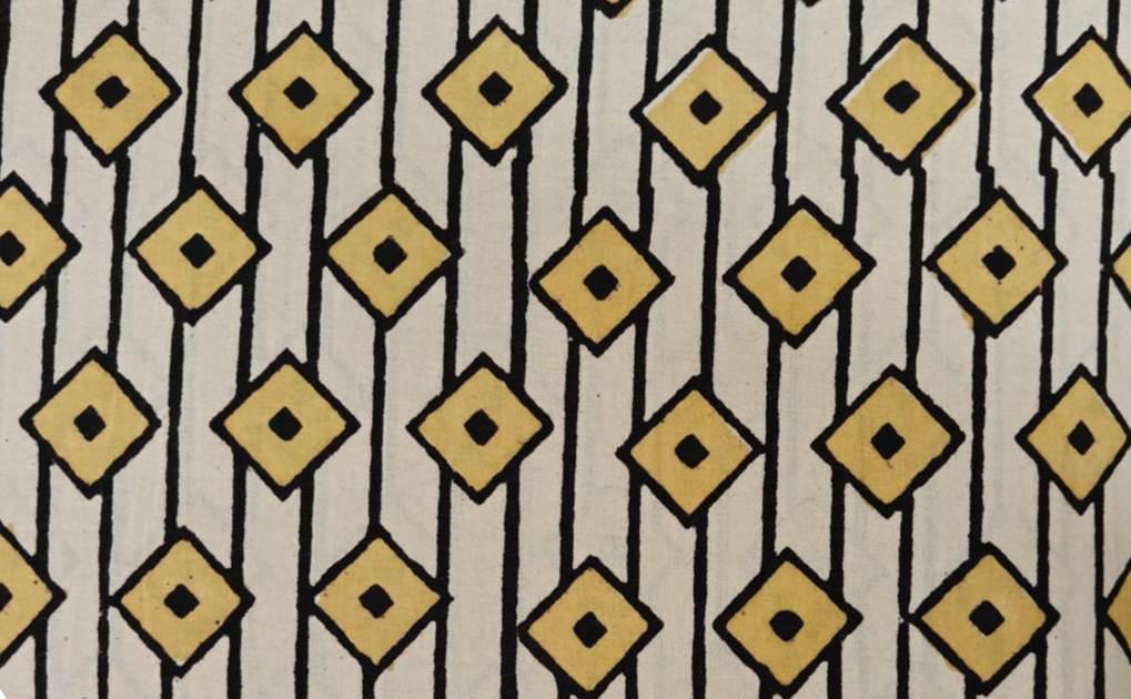Geometric Cotton Fabric by the Yard – Mustard Yellow & Black Diamond Print on Cream – Modern Block Print Style Quilting and Craft Fabric