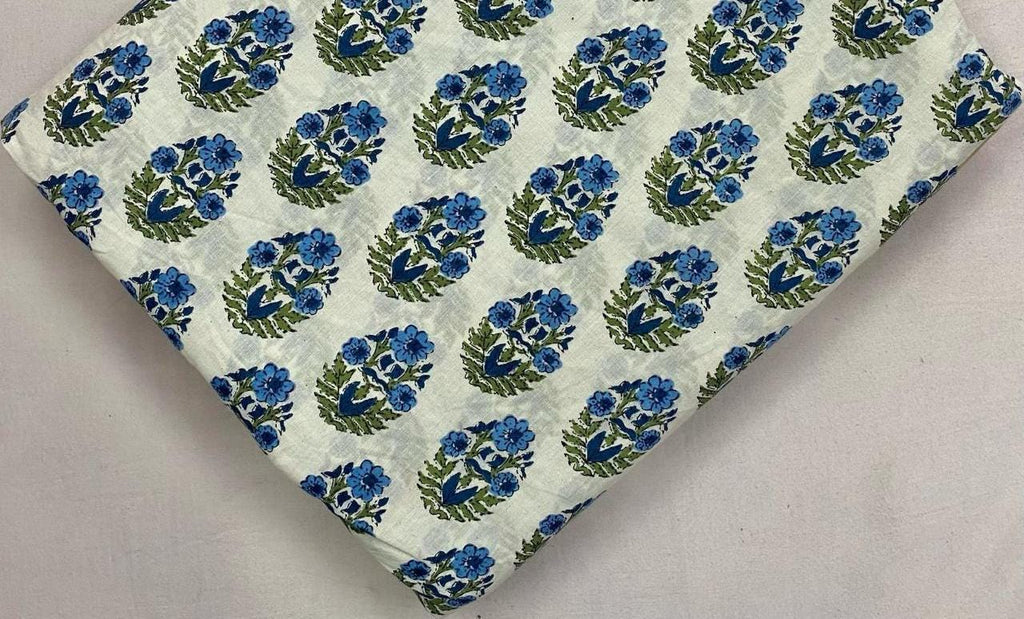 Blue Floral Cotton Fabric by the Yard Indian Block Print Fabric Hand Printed Cotton Fabric Soft Lightweight Fabric for Quilting Dressmaking