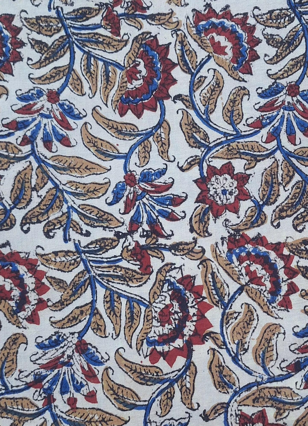 Beige Floral Cotton Fabric | Indian Block Print Fabric | Boho Botanical Textile | Red Blue Floral Pattern | Vintage Style Sewing Fabric
