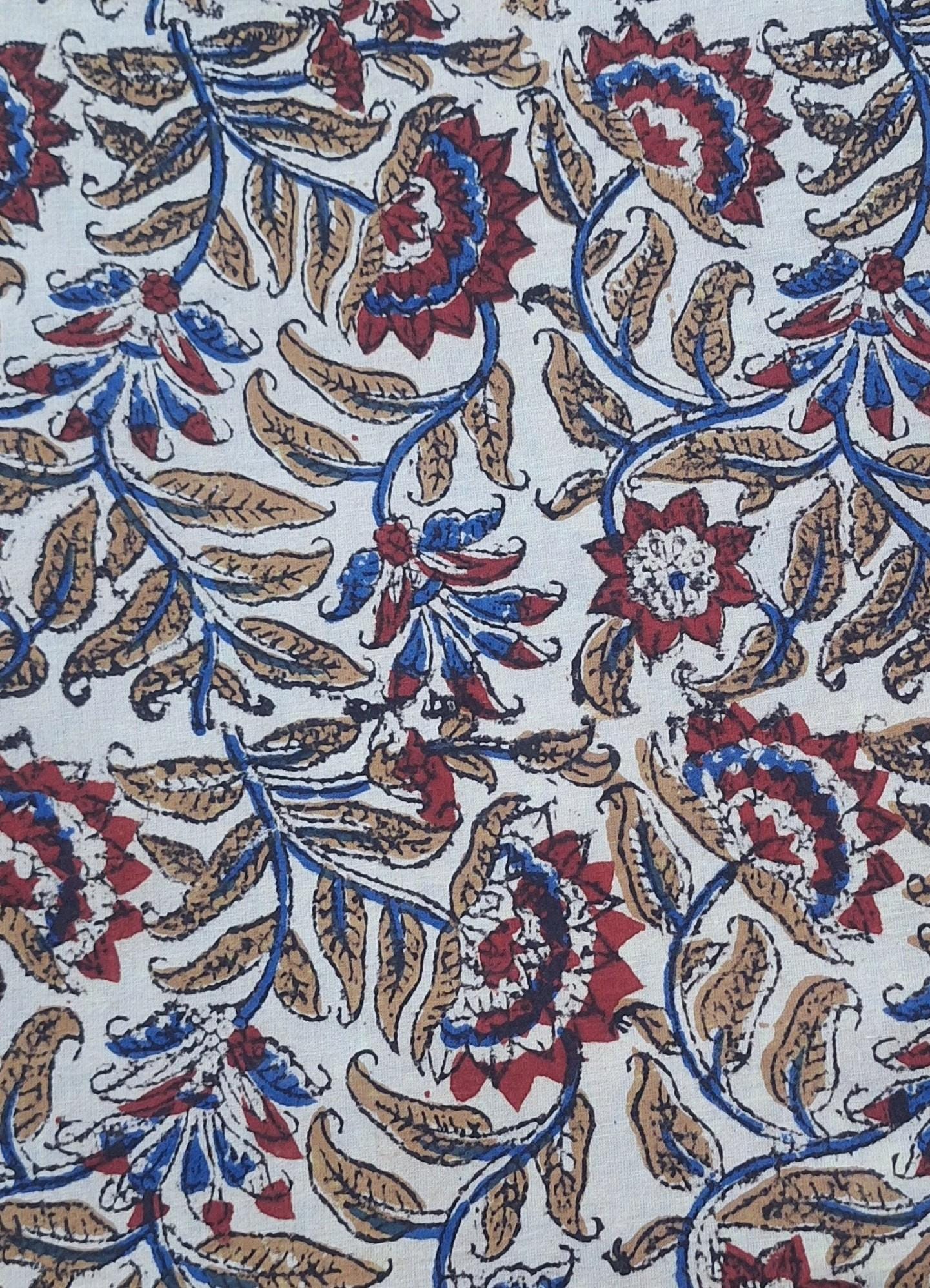 Beige Floral Cotton Fabric | Indian Block Print Fabric | Boho Botanical Textile | Red Blue Floral Pattern | Vintage Style Sewing Fabric
