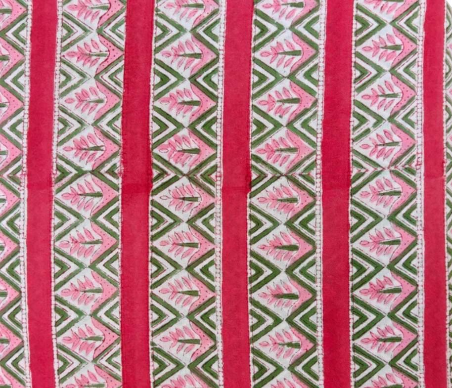 Pink Green Stripe Cotton Fabric, Hand Block Print Fabric, Indian Floral Geometric Textile, Quilting Fabric, Dressmaking Fabric, Craft Fabric