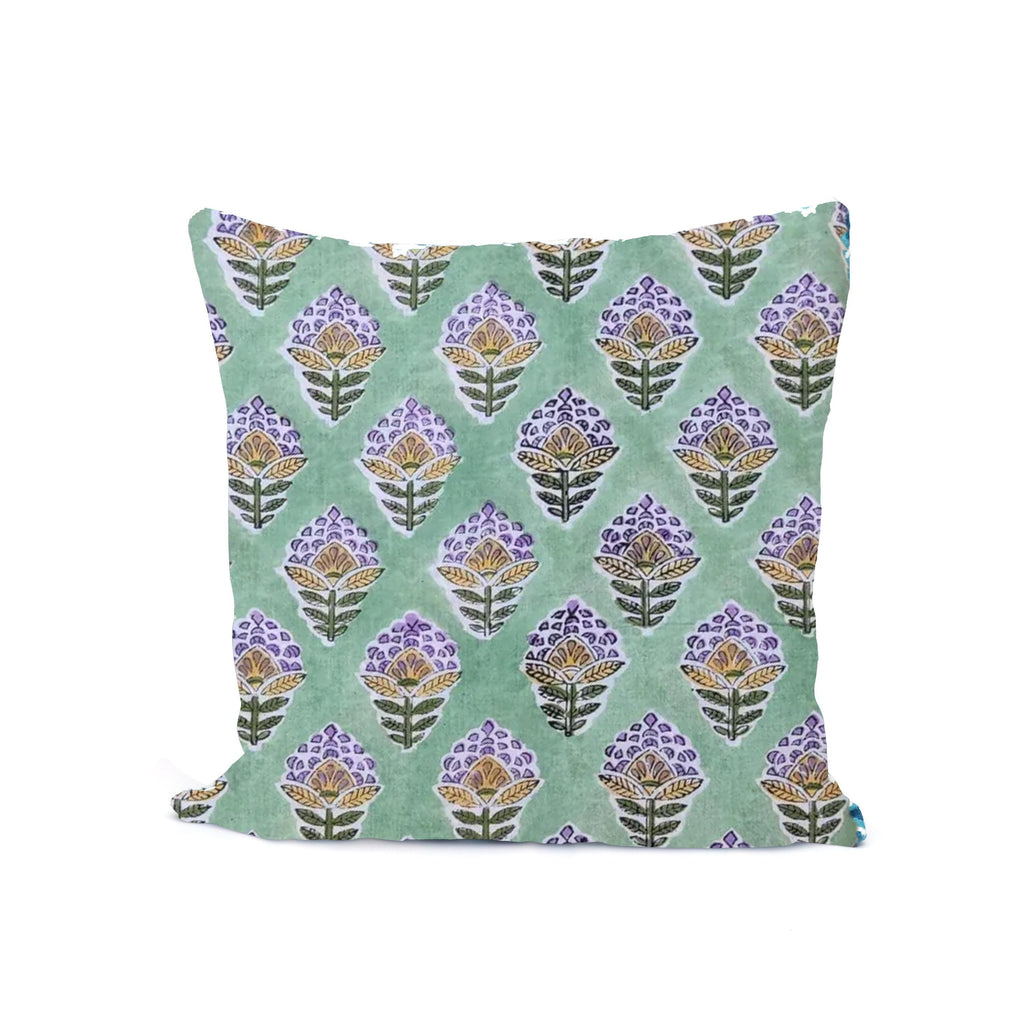 Hand Block Printed Cotton Cushion Cover, Green Floral Pillow Cover, Boho Decorative Throw Pillow, Handmade Cotton, Living Room Home Decor