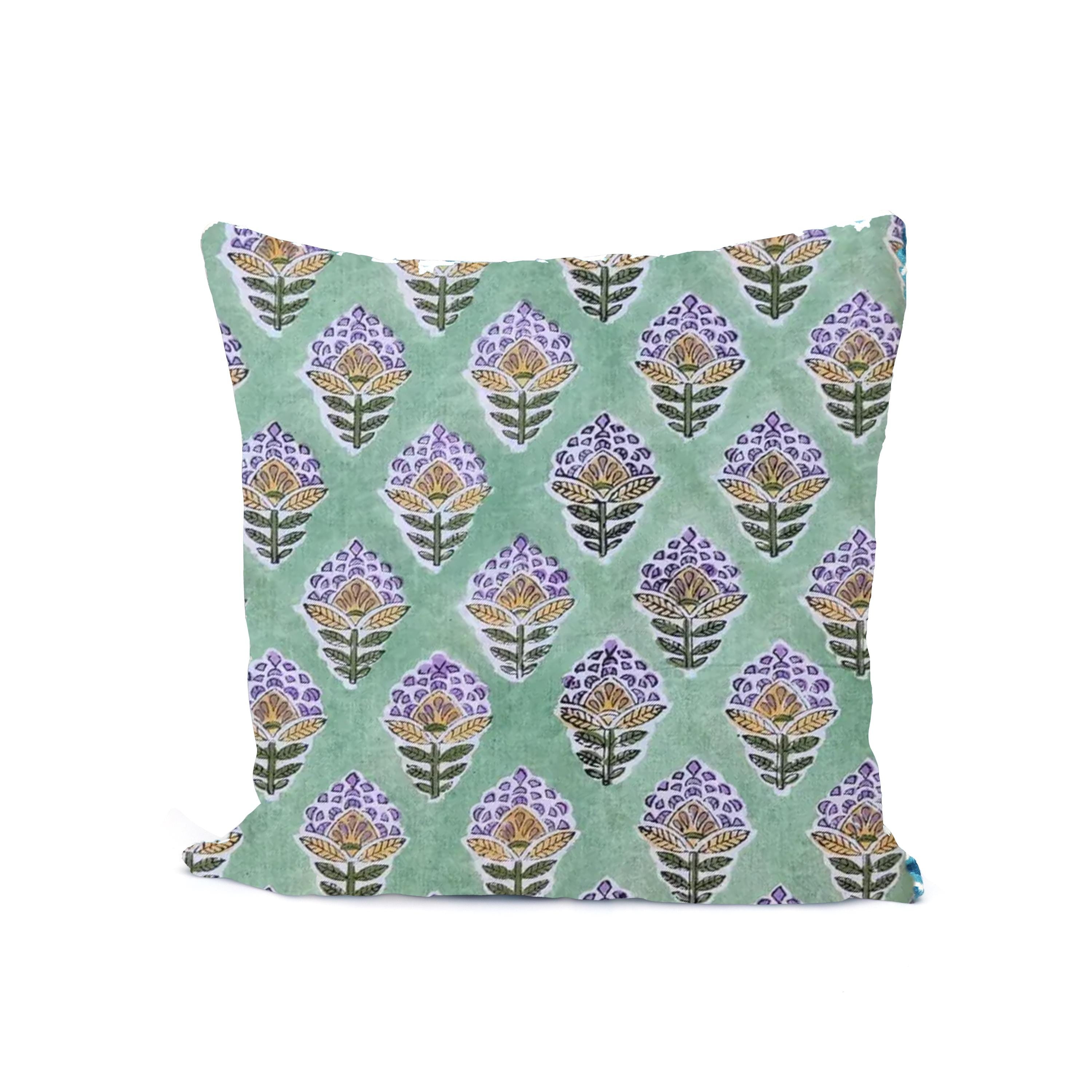 Hand Block Printed Cotton Cushion Cover, Green Floral Pillow Cover, Boho Decorative Throw Pillow, Handmade Cotton, Living Room Home Decor