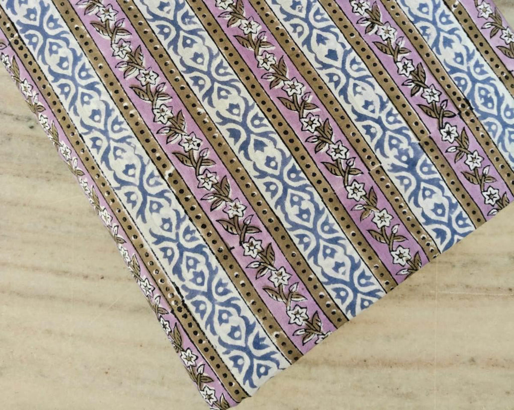 Striped Floral Cotton Fabric by the Yard, Blue Lilac Block Print Fabric, Handmade Fabric, Table Cover Fabric, Fabric For Dress Making
